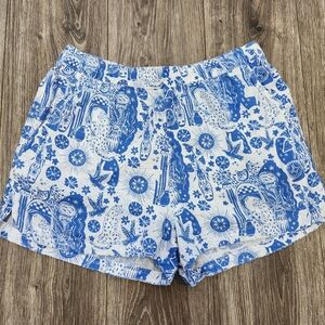NEW Cynthia Rowley Linen Blue White Animal  Bird Sun Printed Shorts Size Large